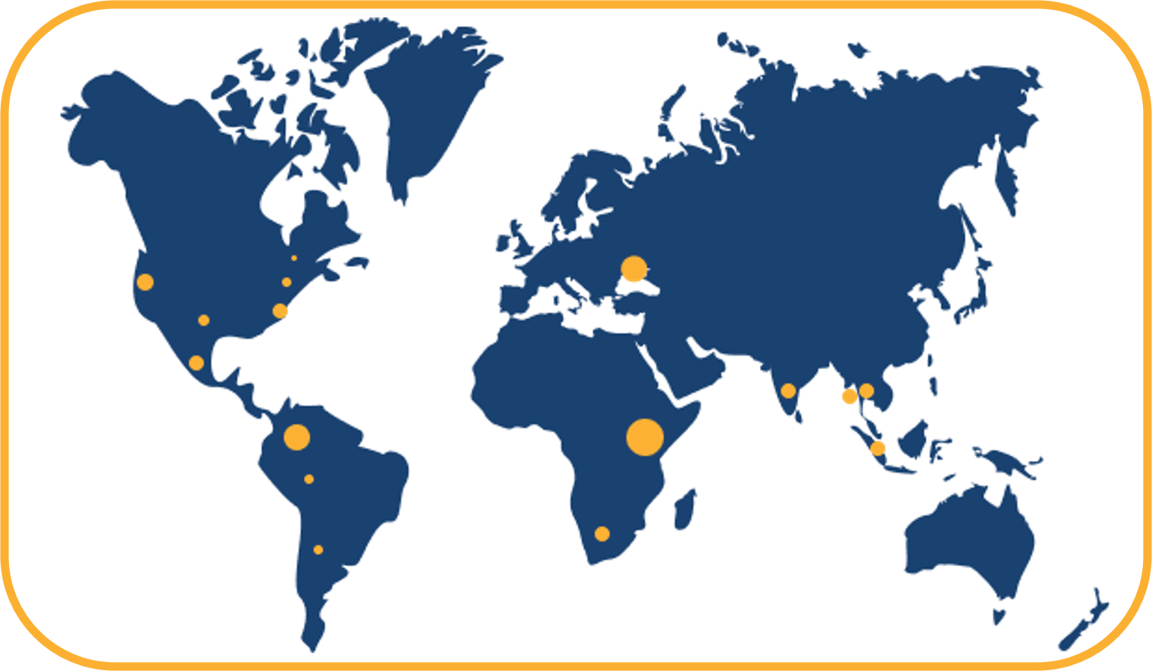 Image of blue world map with dots placed in the USA, Mexico, Sub-Saharan Africa, South America, and Eastern Europe